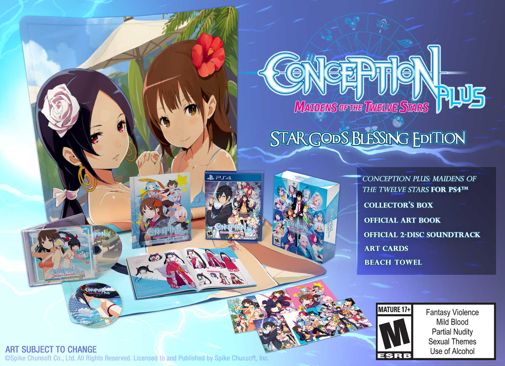 Conception PLUS: Maidens of the Twelve Stars: Star Gods Blessing Edition. Conception PLUS: Maidens of the Twelve Stars for PS4, Collector's Box, Official Art Book, Official 2-Disc Soundtrack, Art Cards, Beach Towel. Rating: Mature. Fantasy Violence, Mild Blood, Partial Nudity, Sexual Themes, Use of Alcohol.