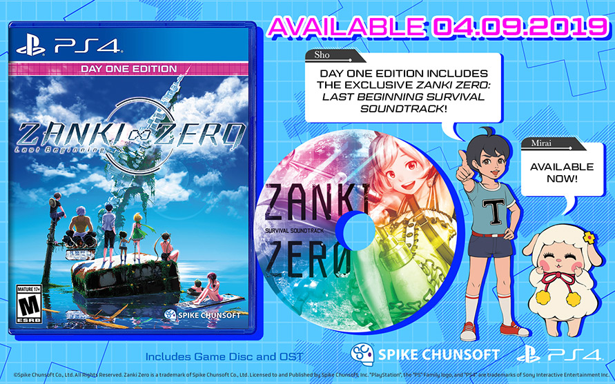 AVAILABLE 04.09.2019. Sho - DAY ONE EDITION INCLUDES THE EXCLUSIVE ZANKI ZERO: LAST BEGINNING SURVIVAL SOUNDTRACK! Mirai - AVAILABLE  NOW!